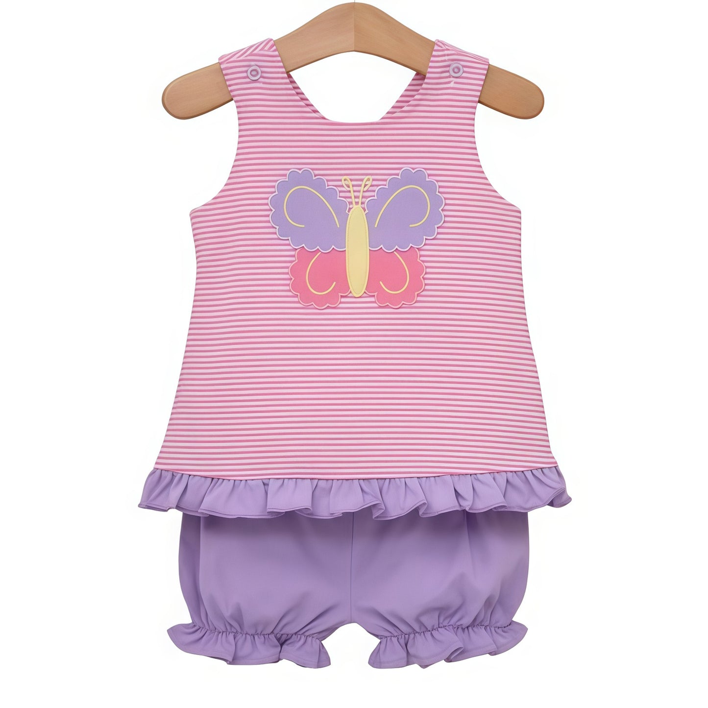 MOQ 5 PCS Preorder GSSO3138 Butterfly Pattern Purple Ruffle Pink Stripe Sleeveless Shorts Girls Sets 202601