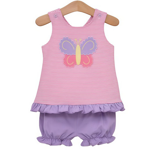 MOQ 5 PCS Preorder GSSO3138 Butterfly Pattern Purple Ruffle Pink Stripe Sleeveless Shorts Girls Sets 202601