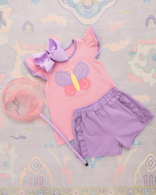MOQ 5 PCS Preorder GSSO3139 Butterfly Pattern Purple Ruffle Pink Stripe Flying Sleeve Shorts Girls Sets 202601