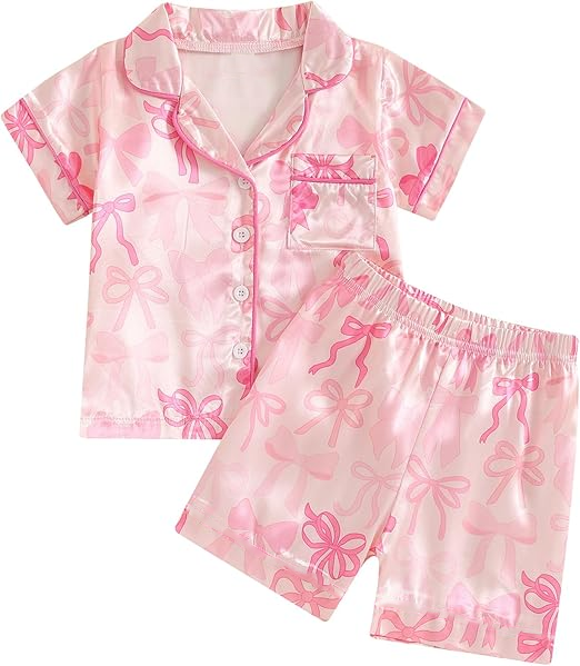 MOQ 5 PCS Preorder GSSO3140 Pink Bows Pocket Buttons Polo Short Sleeve Shorts Girls Pajama Set 202601