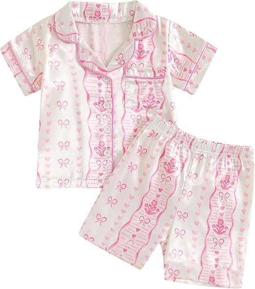 MOQ 5 PCS Preorder GSSO3141 Pink Bows Love Flower Pocket Buttons White Polo Short Sleeve Shorts Girls Pajama Set 202601