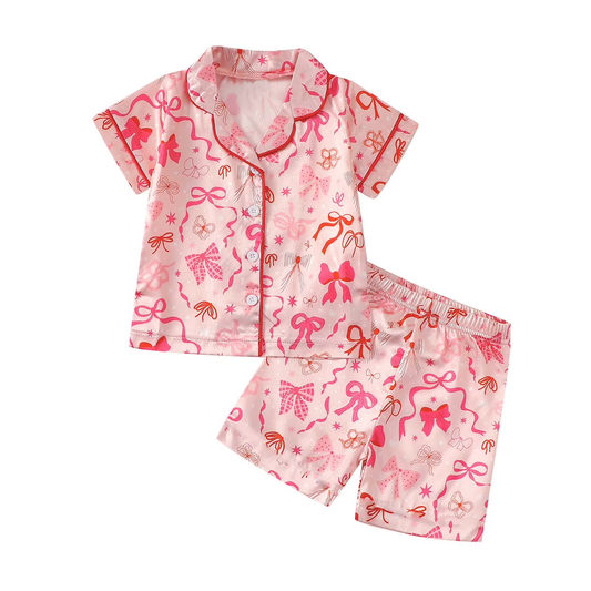 MOQ 5 PCS Preorder GSSO3143 Pink Bows Star Buttons Polo Short Sleeve Shorts Girls Pajama Set 202601