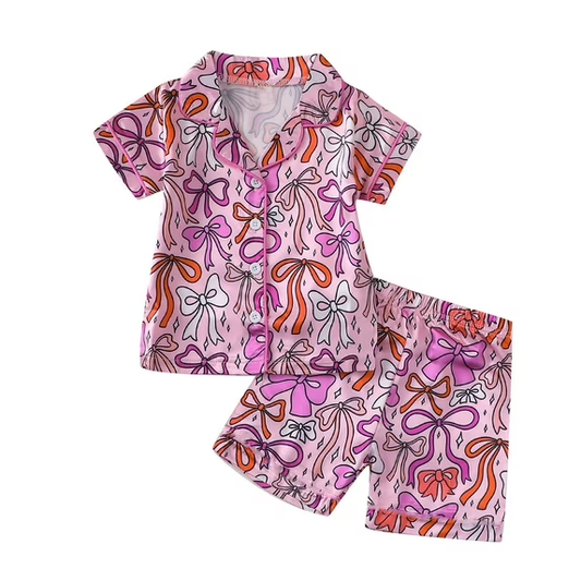 MOQ 5 PCS Preorder GSSO3144 Colored Bows Rose Red Polo Buttons Short Sleeve Shorts Girls Pajama Set 202601
