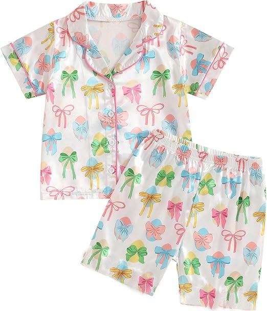 MOQ 5 PCS Preorder GSSO3145 Easter Colored Eggs Bows White Polo Buttons Short Sleeve Shorts Girls Pajama Set 202601