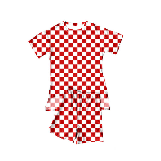 MOQ 5 PCS Preorder GSSO3148 Red White Plaid Short Sleeve Shorts Girls Sets 202601