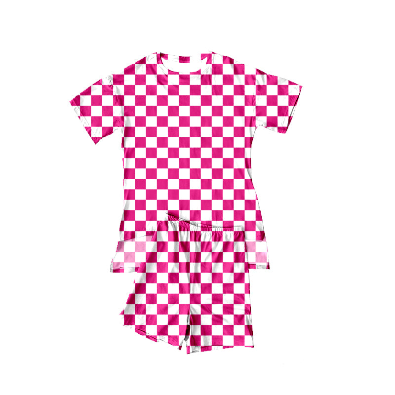MOQ 5 PCS Preorder GSSO3149 Rose Red White Plaid Short Sleeve Shorts Girls Sets 202601