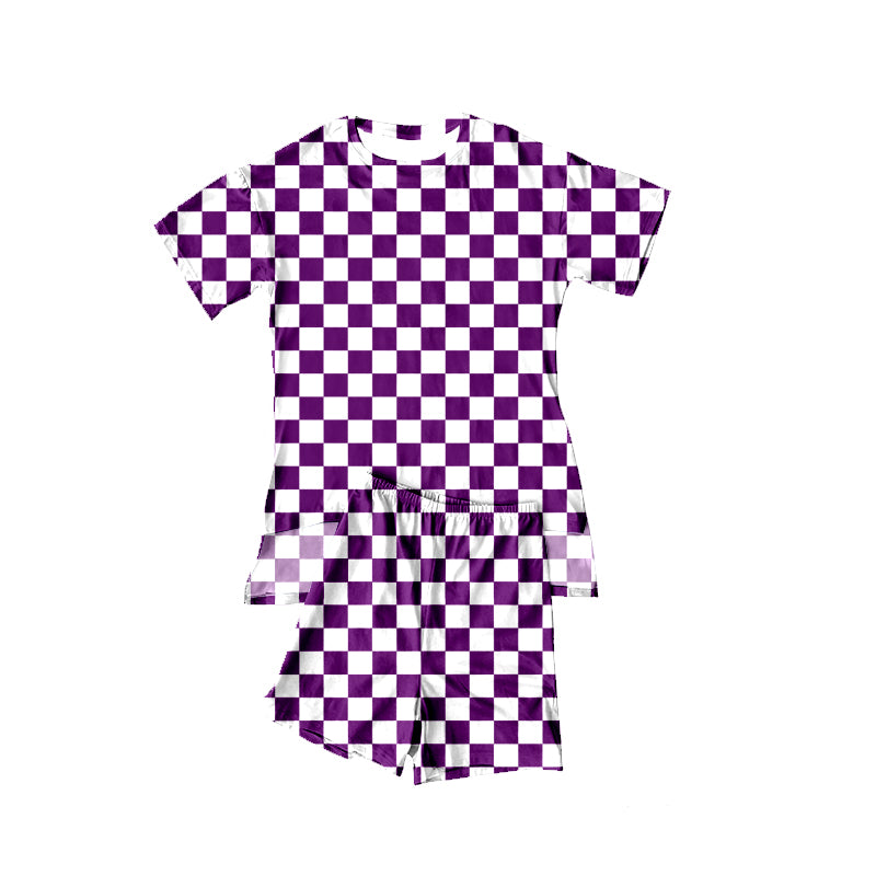 MOQ 5 PCS Preorder GSSO3151 Purple White Plaid Short Sleeve Shorts Girls Sets 202601