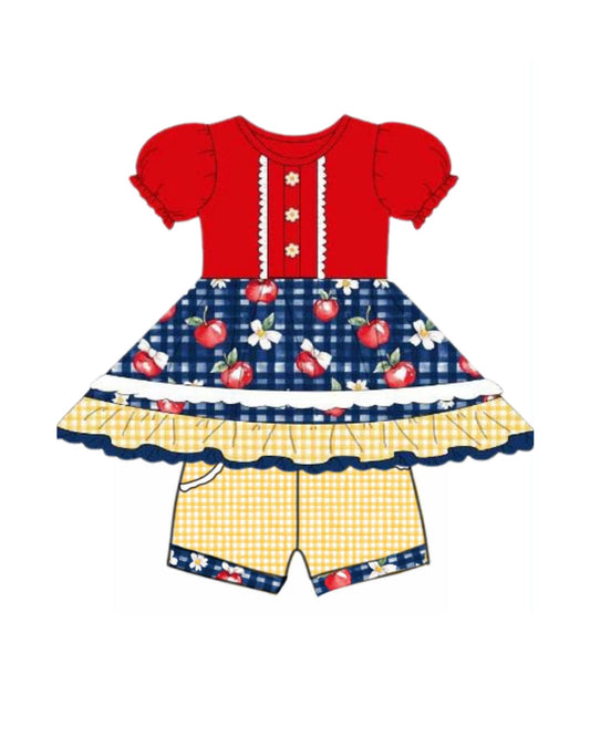 MOQ 5 PCS Preorder GSSO3156 Apple Flower Plaid Patchwork Short Sleeve Shorts Girls Sets 202601