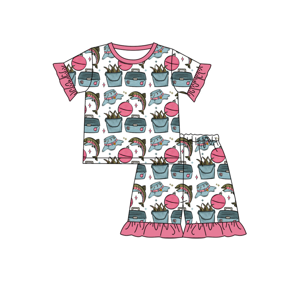 MOQ 5 PCS Preorder GSSO3158 Fishing Float Toolbox Pink Ruffle Short Sleeve Shorts Girls Pajama Set 202601