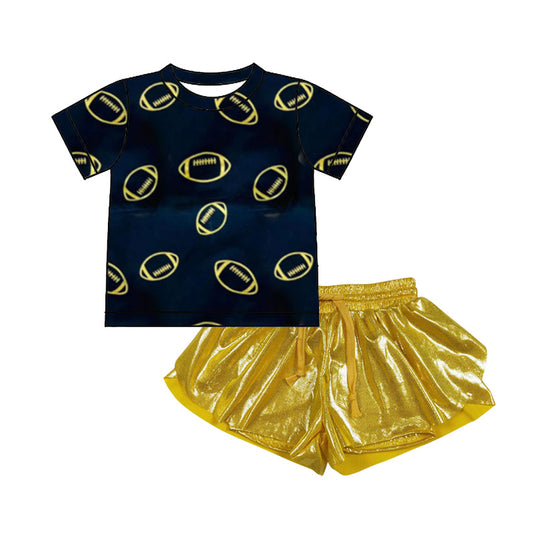 MOQ 5 PCS Preorder GSSO3159 Rugby Navy Short Sleeve Golden Leather Shorts Girls Sets 202601