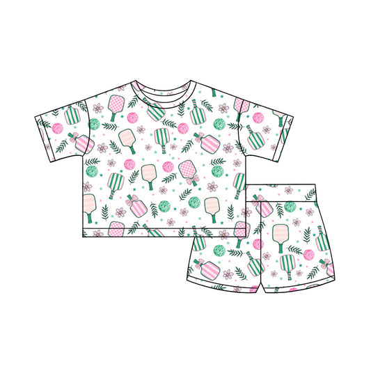 MOQ 5 PCS Preorder GSSO3160 Racket Flowers Leaves White Short Sleeve Shorts Girls Sets 202601