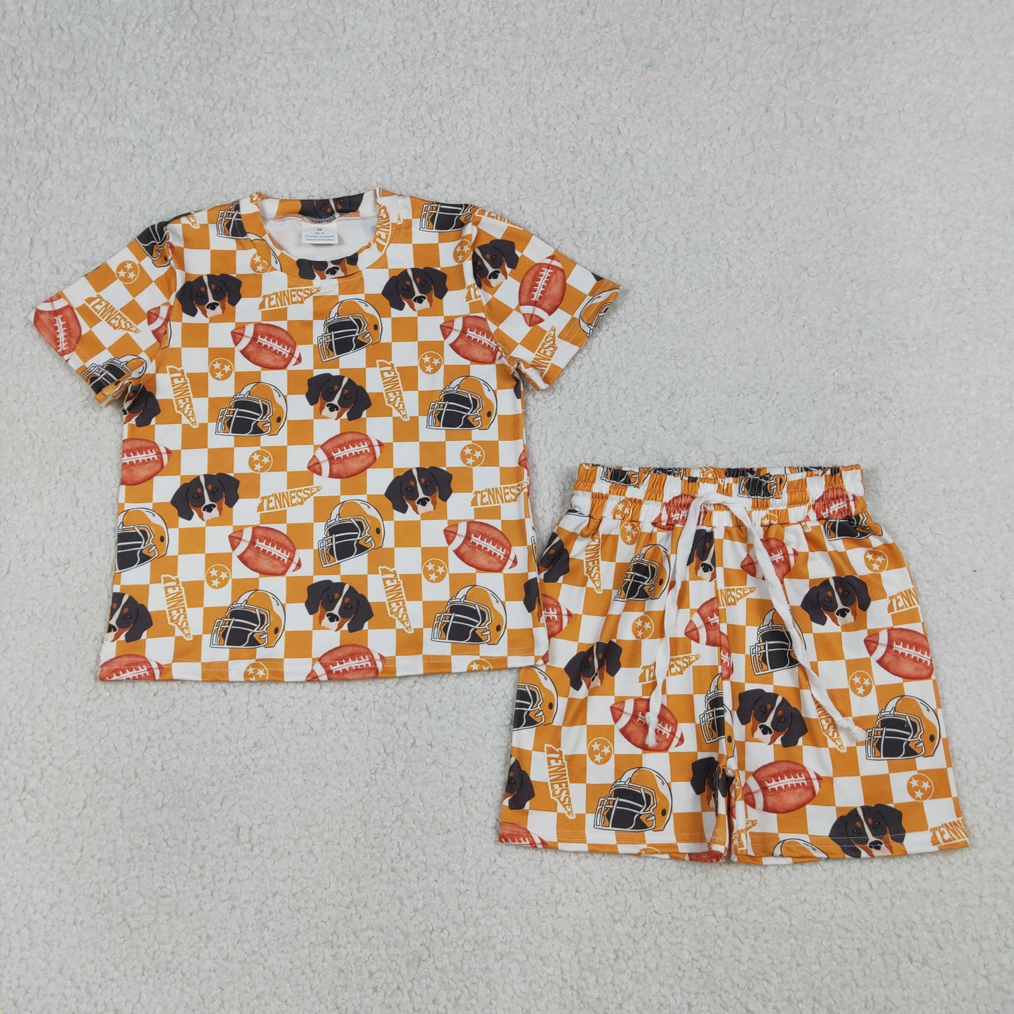 GSSO3161 GO TEAM Puppy Rugby Orange Plaid Short Sleeve Shorts Girls Sets 202604 RTS