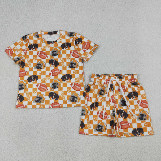 GSSO3161 GO TEAM Puppy Rugby Orange Plaid Short Sleeve Shorts Girls Sets 202604 RTS