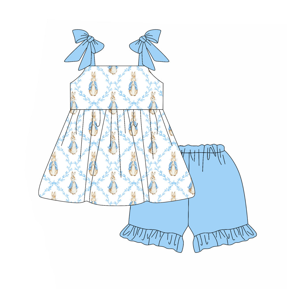 MOQ 5 PCS Preorder GSSO3163 Easter Bunny Flower Blue White Sleeveless Ruffle Shorts Girls Sets 202601