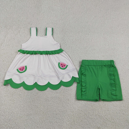 GSSO3164 Embroidered Watermelon Pink Stripe Green Ruffle Sleeveless Shorts Girls Sets 202605 RTS