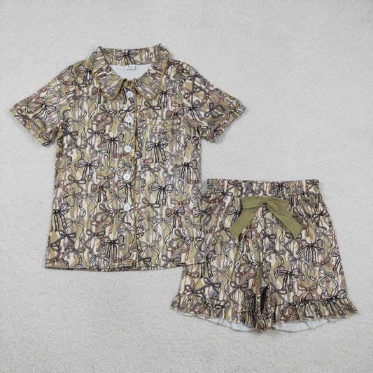 GSSO3166 Adult Female Bows Army Green Camouflage Ruffle Polo Button Short Sleeve Ruffle Shorts Pajama Sets 202602
