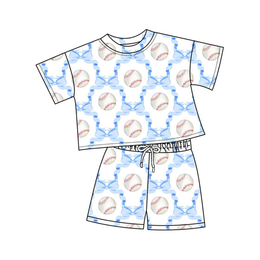 MOQ 5 PCS Preorder GSSO3169 Baseball Blue Bows Short Sleeve Shorts Girls Sets 202601