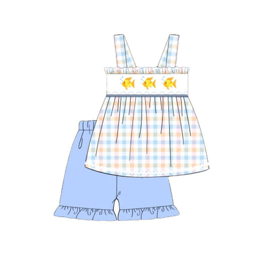 MOQ 5 PCS Preorder GSSO3170 Fishing Pattern Colored Plaid Sleeveless Shorts Girls Sets 202601