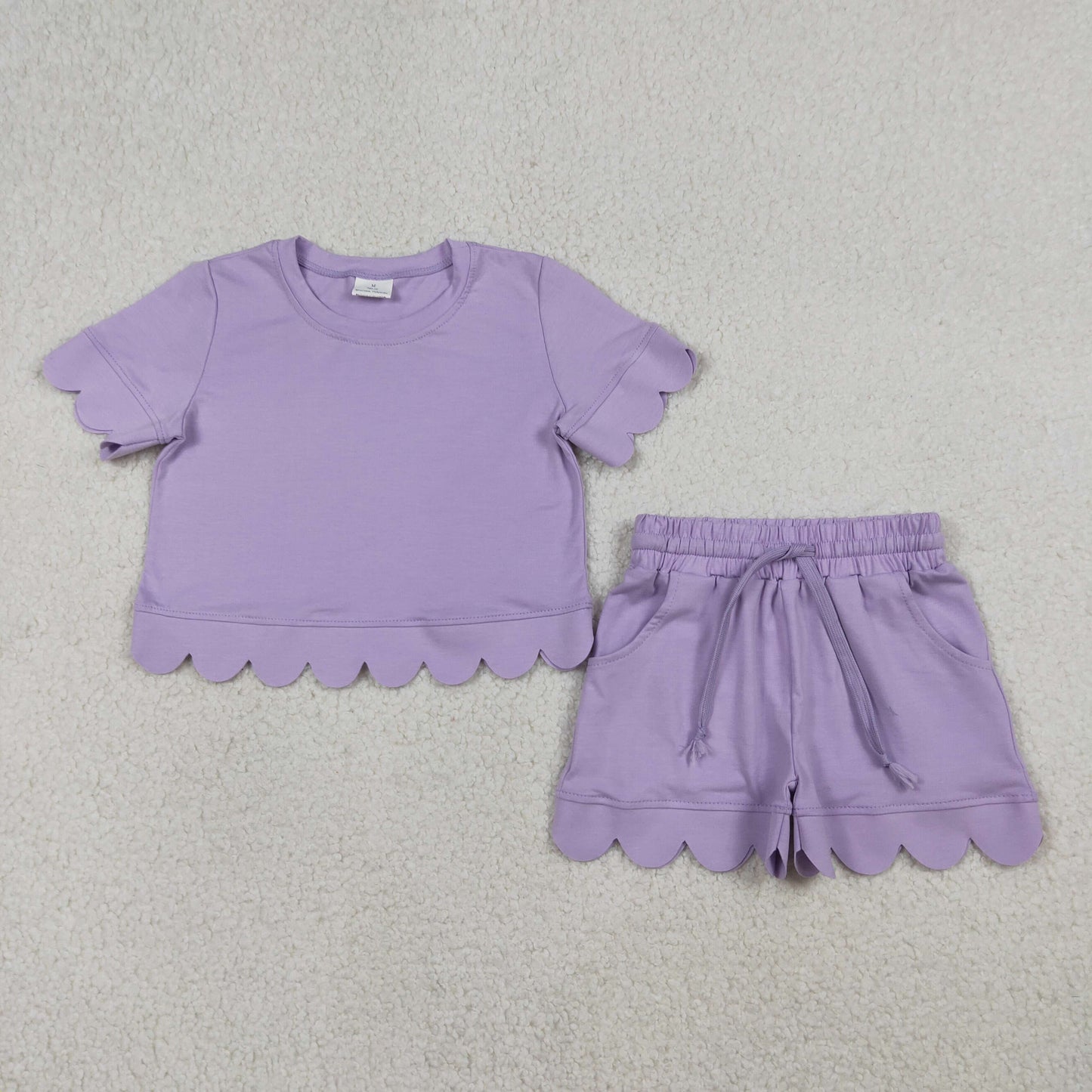 GSSO3171  Solid Cotton Purple Ruffle Short Sleeve Shorts Girls Sets 202603 RTS