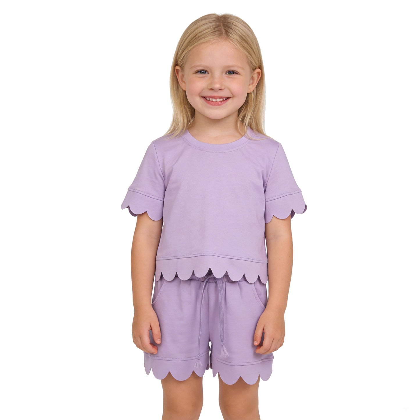 GSSO3171  Solid Cotton Purple Ruffle Short Sleeve Shorts Girls Sets 202603 RTS
