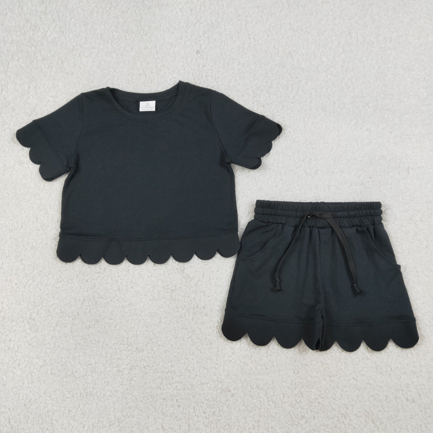 GSSO3172 Solid Cotton Black Ruffle Short Sleeve Shorts Girls Sets 202603 RTS