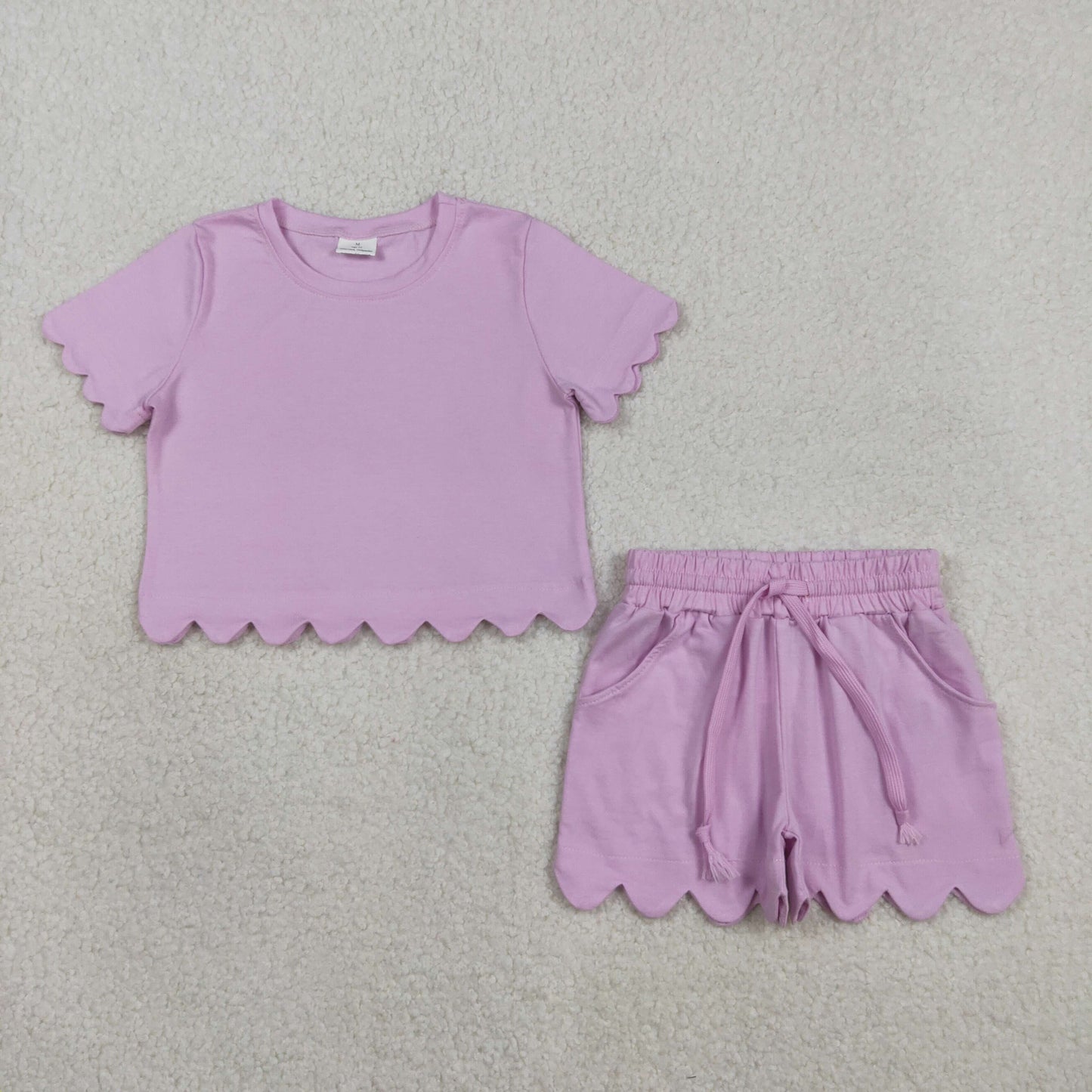 GSSO3173 Solid Cotton Pink Purple Ruffle Short Sleeve Shorts Girls Sets 202603 RTS