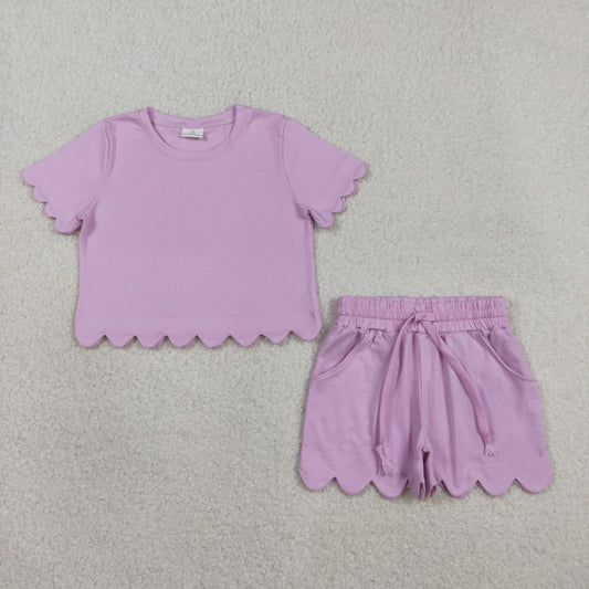 GSSO3173 Solid Cotton Pink Purple Ruffle Short Sleeve Shorts Girls Sets 202603 RTS