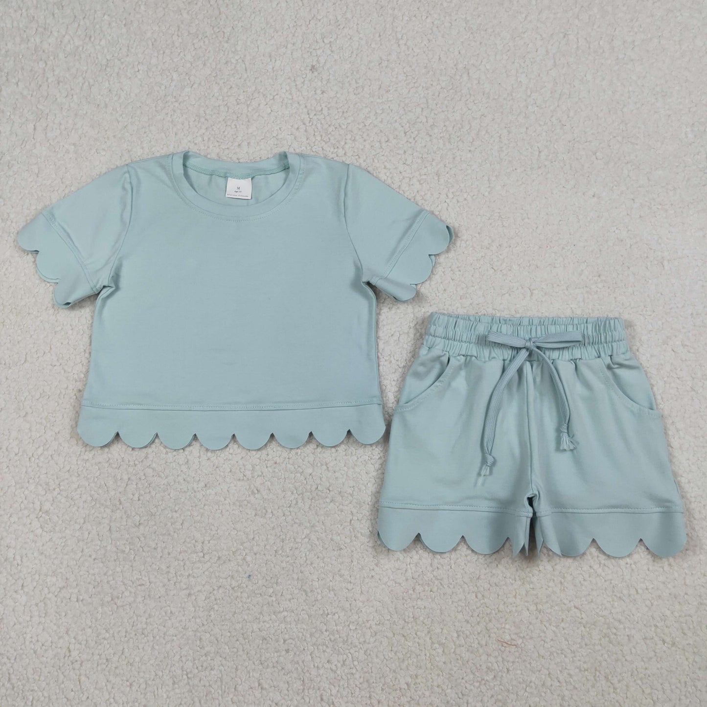 GSSO3174 Solid Cotton Pea Green Ruffle Short Sleeve Shorts Girls Sets 202603 RTS