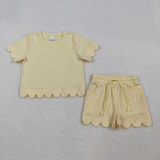 GSSO3175 Solid Cotton Light Yellow Ruffle Short Sleeve Shorts Girls Sets 202603 RTS