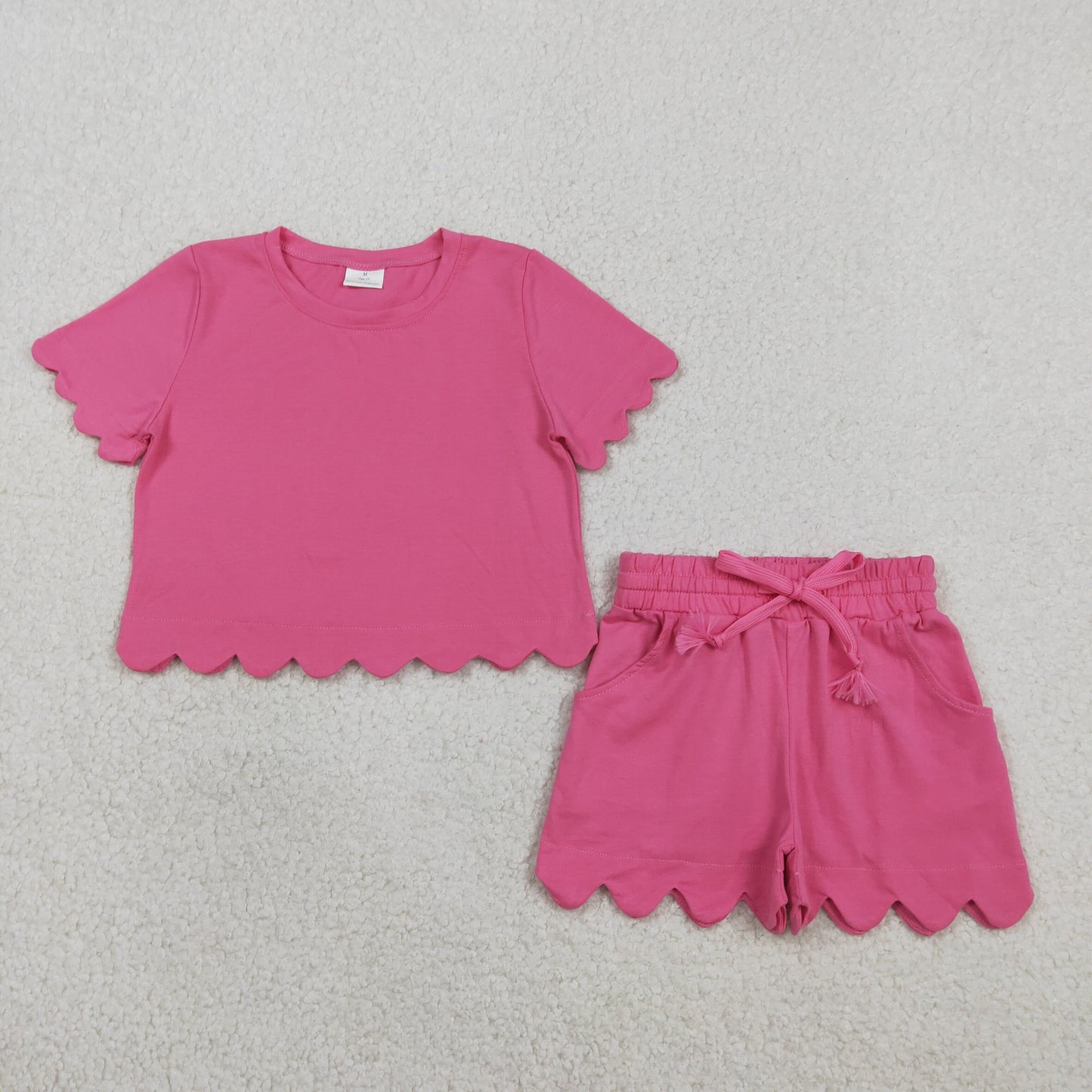 GSSO3176 Solid Cotton Rose Red Ruffle Short Sleeve Shorts Girls Sets 202602 RTS