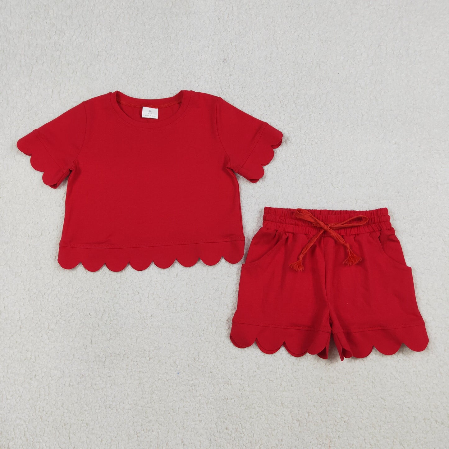 GSSO3177 Solid Cotton Red Ruffle Short Sleeve Shorts Girls Sets 202603 RTS