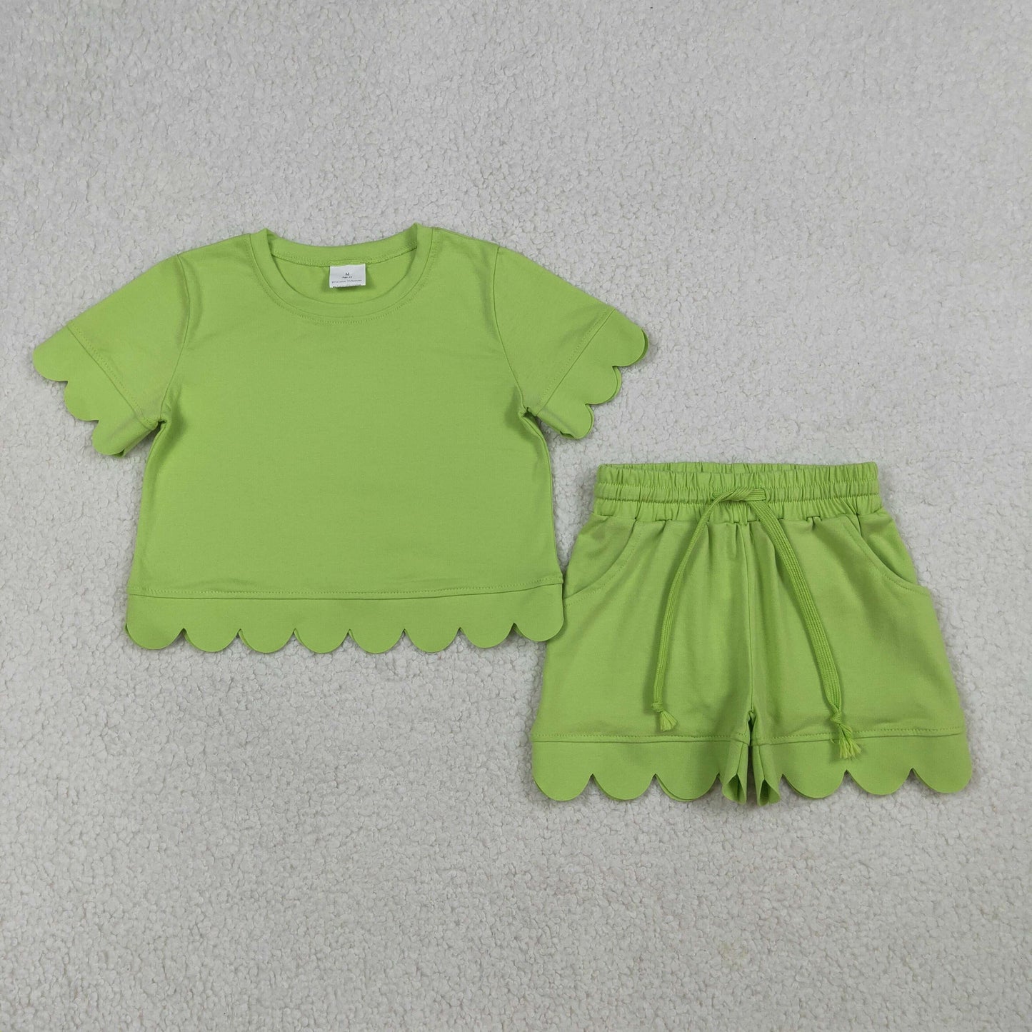 GSSO3179 Solid Cotton Green Ruffle Short Sleeve Shorts Girls Sets 202603 RTS
