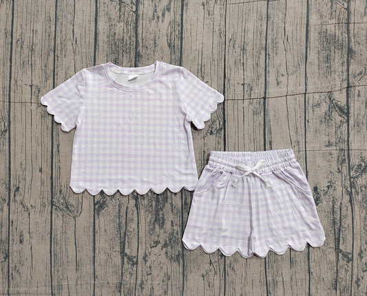 NO MOQ Preorder GSSO3181 Solid Cotton Light Purple Plaid Ruffle Short Sleeve Shorts Girls Sets 202601
