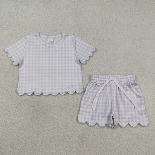 GSSO3181 Solid Cotton Light Purple Plaid Ruffle Short Sleeve Shorts Girls Sets 202603 RTS