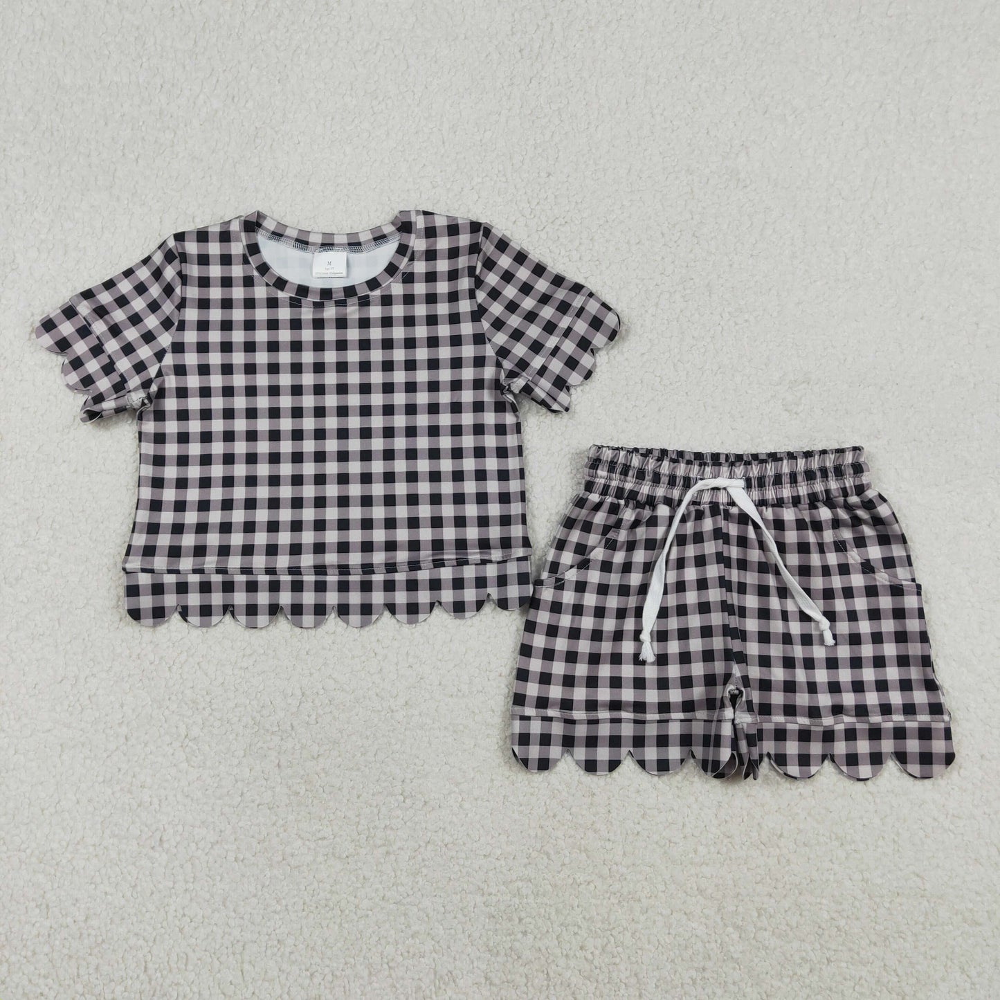 GSSO3182 Gray Black Plaid Ruffle Short Sleeve Shorts Girls Sets 202603 RTS