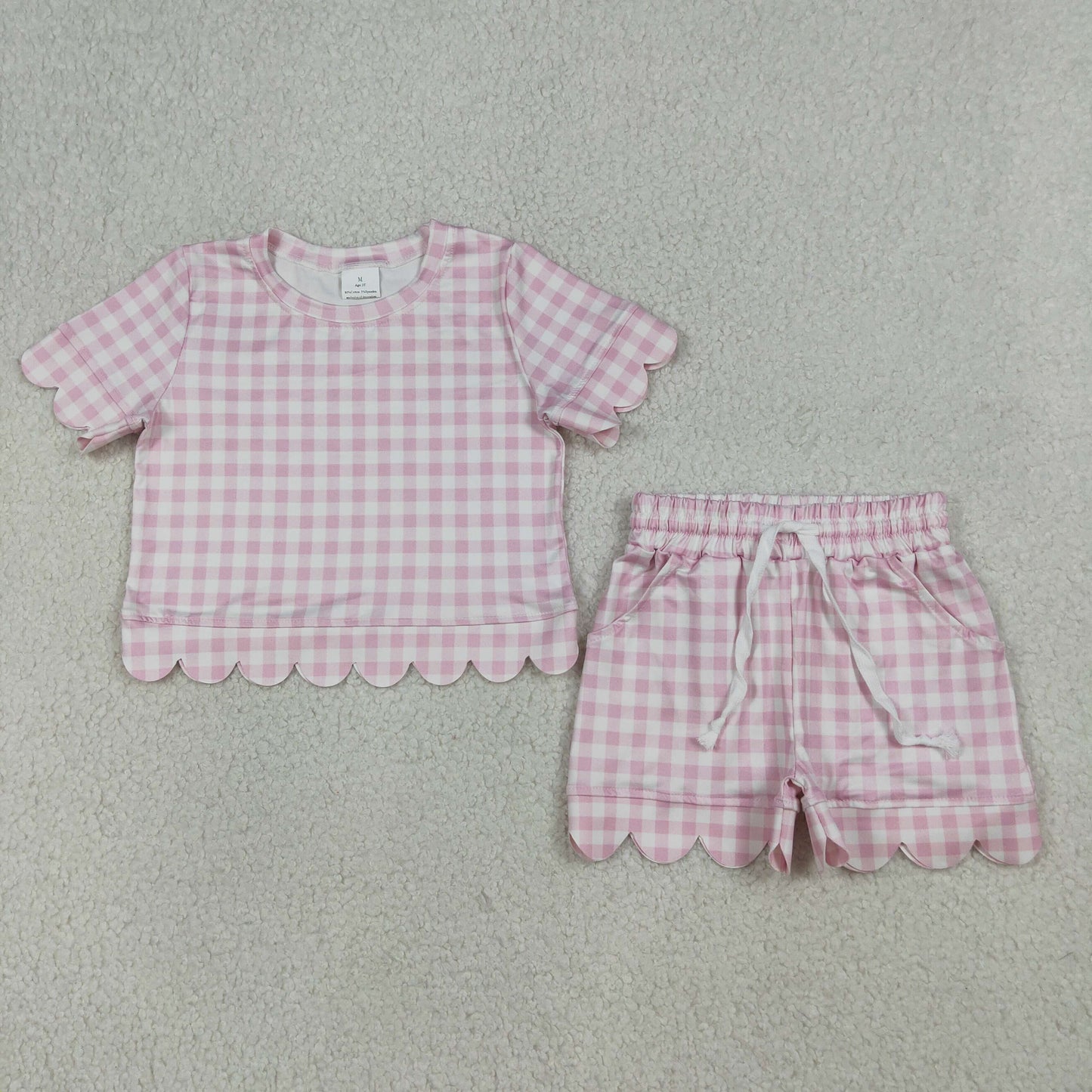 GSSO3183 Solid Cotton Pink Plaid Ruffle Short Sleeve Shorts Girls Sets 202603 RTS