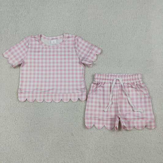 GSSO3183 Solid Cotton Pink Plaid Ruffle Short Sleeve Shorts Girls Sets 202603 RTS