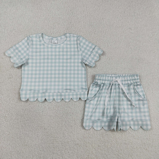 GSSO3184 Solid Cotton Light Blue Plaid Ruffle Short Sleeve Shorts Girls Sets 202603 RTS