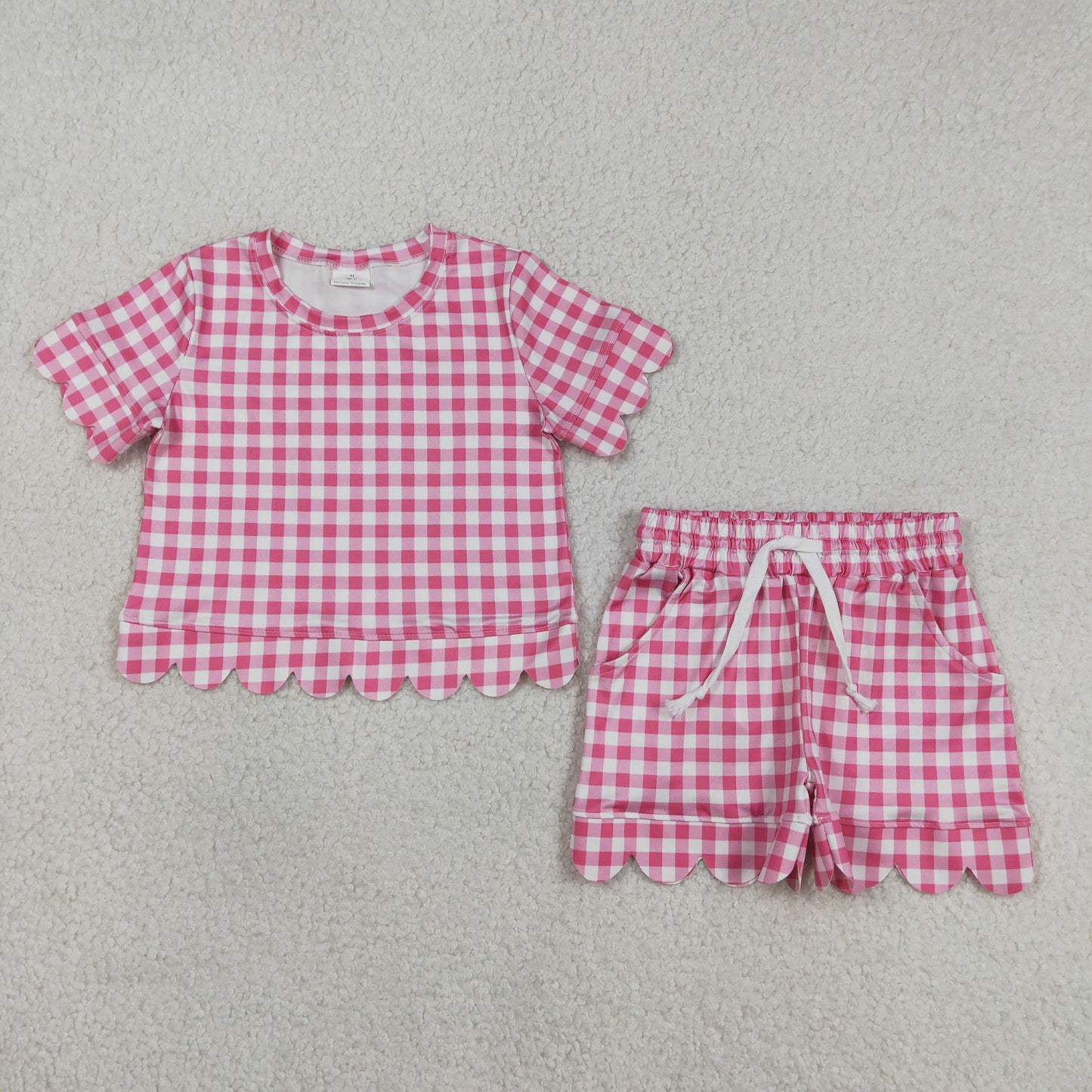 GSSO3186 Solid Cotton Light Rose Red Plaid Ruffle Short Sleeve Shorts Girls Sets 202603 RTS