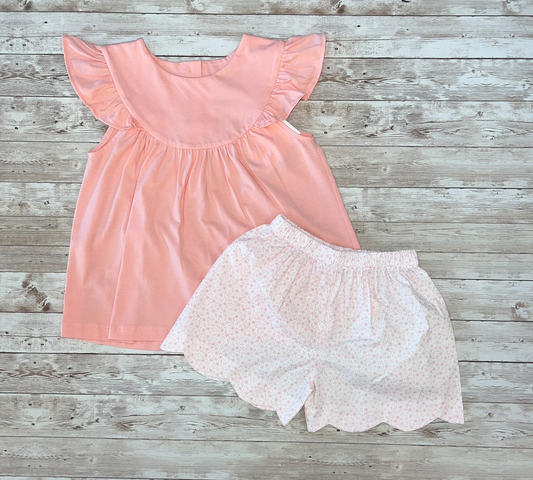 MOQ 5 PCS Preorder GSSO3192 Solid Pink Flying Sleeve Floral Shorts Girls Sets 202601