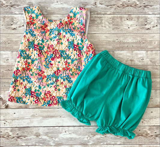 MOQ 5 PCS Preorder GSSO3194 Flower Sleeveless Green Shorts Girls Sets 202601