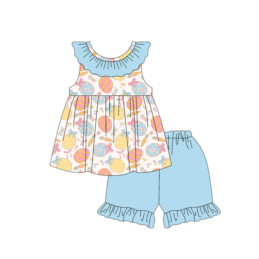 MOQ 5 PCS Preorder GSSO3196 Easter Colored Eggs Blue Ruffle Sleeveless Shorts Girls Sets 202601