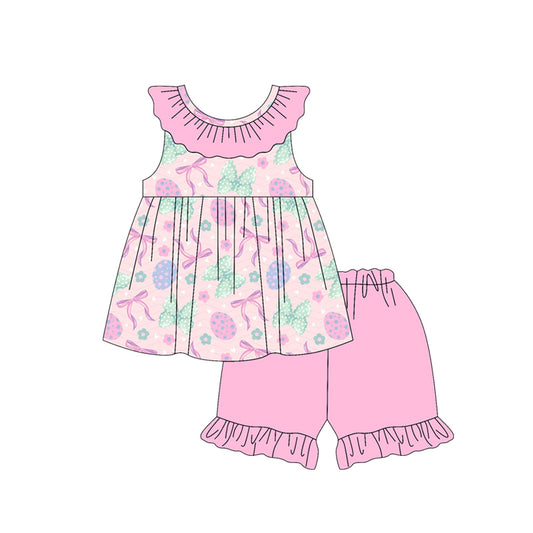 MOQ 5 PCS Preorder GSSO3197 Easter Colored Eggs Pink Ruffle Sleeveless Shorts Girls Sets 202601