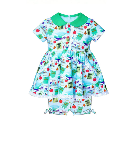 MOQ 5 PCS Preorder GSSO3198 Back to School Books Apple Green Polo Short Sleeve Shorts Girls Sets 202601