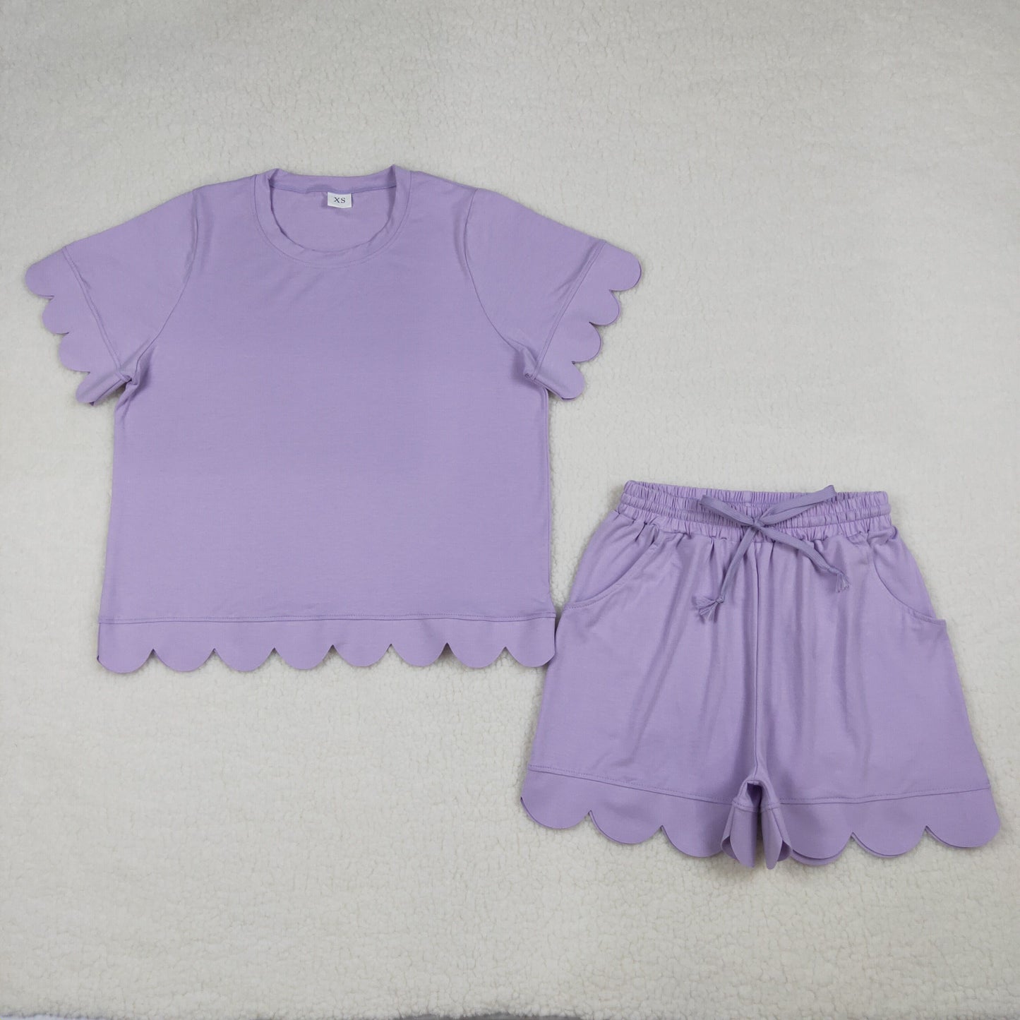 GSSO3199 Adult Female Solid Cotton Purple Ruffle Short Sleeve Shorts Sets 202603 RTS