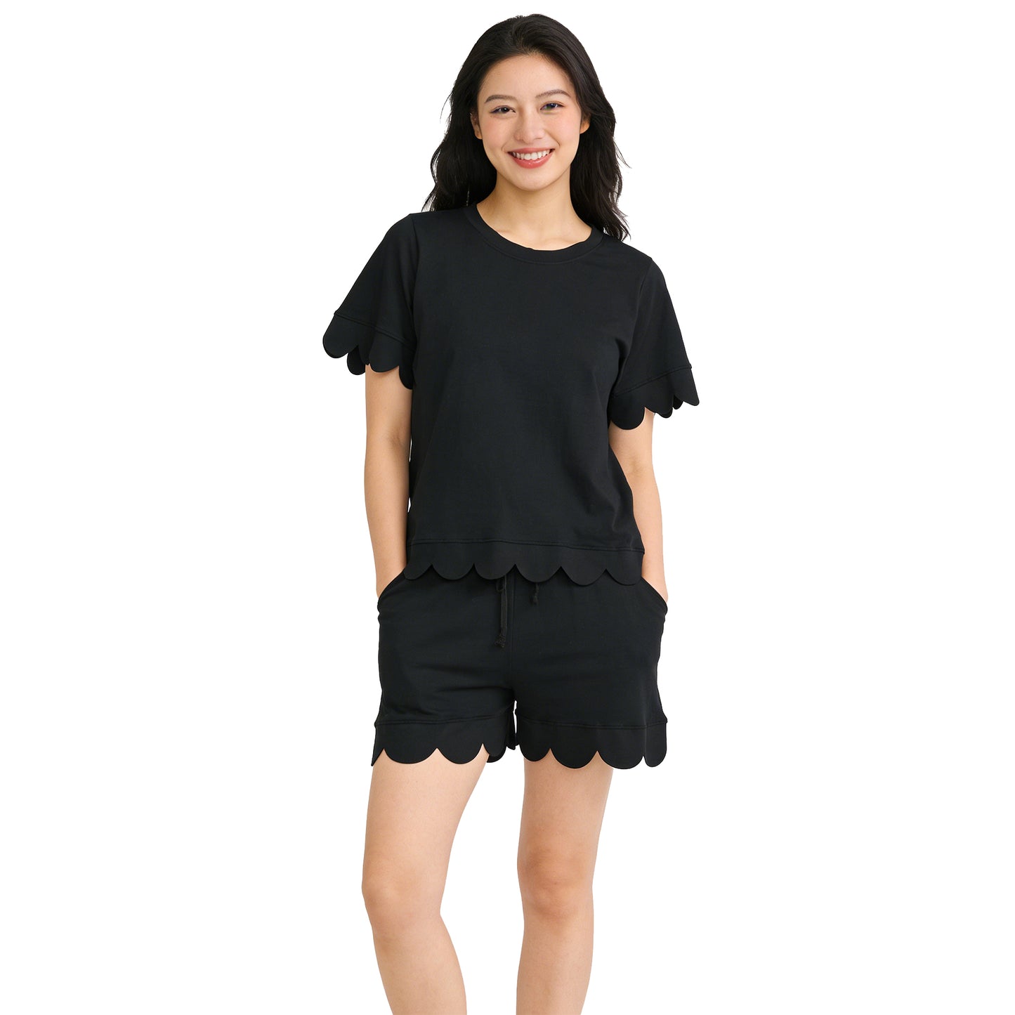 GSSO3200 Adult Female Solid Cotton Black Ruffle Short Sleeve Shorts Sets 202603 RTS