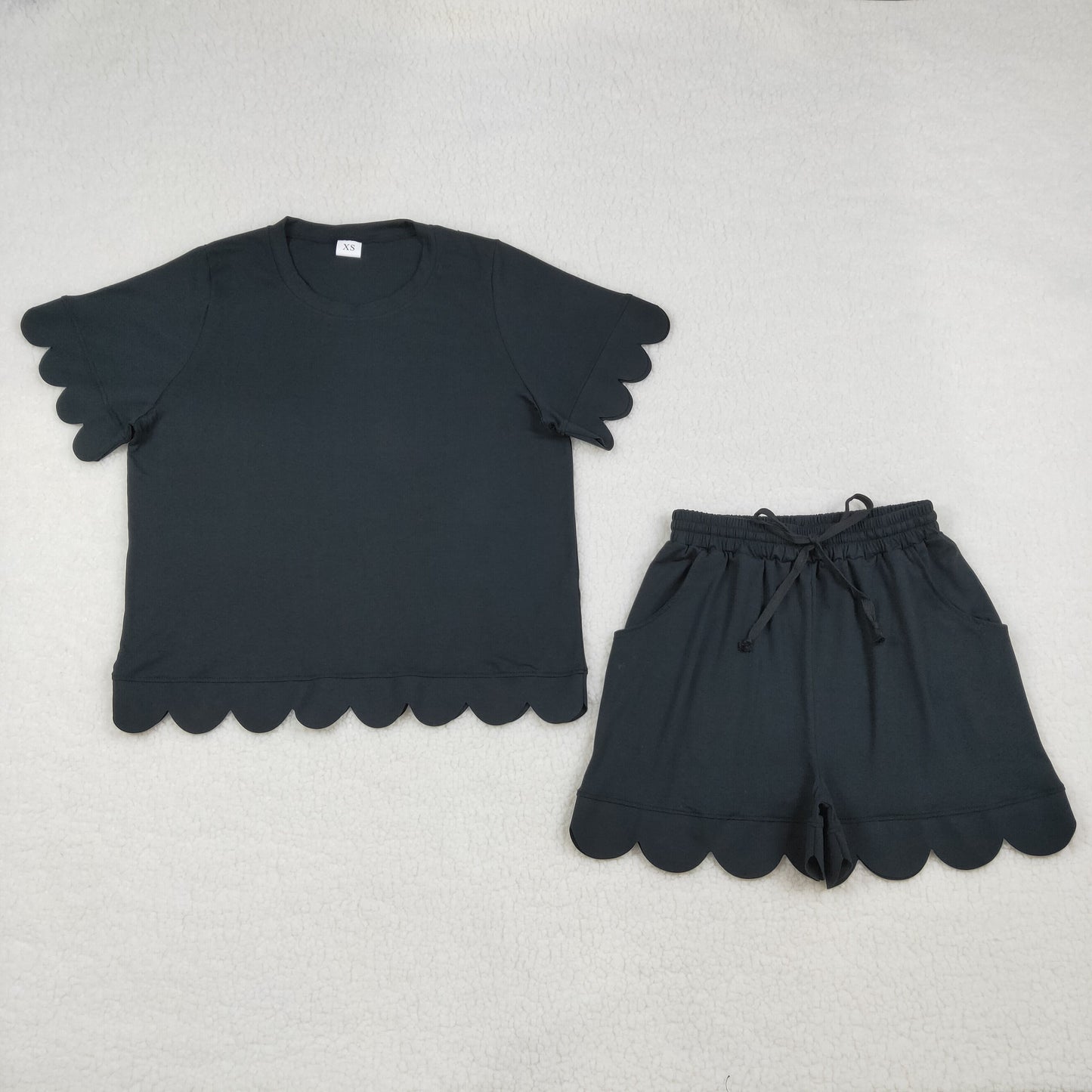 GSSO3200 Adult Female Solid Cotton Black Ruffle Short Sleeve Shorts Sets 202603 RTS