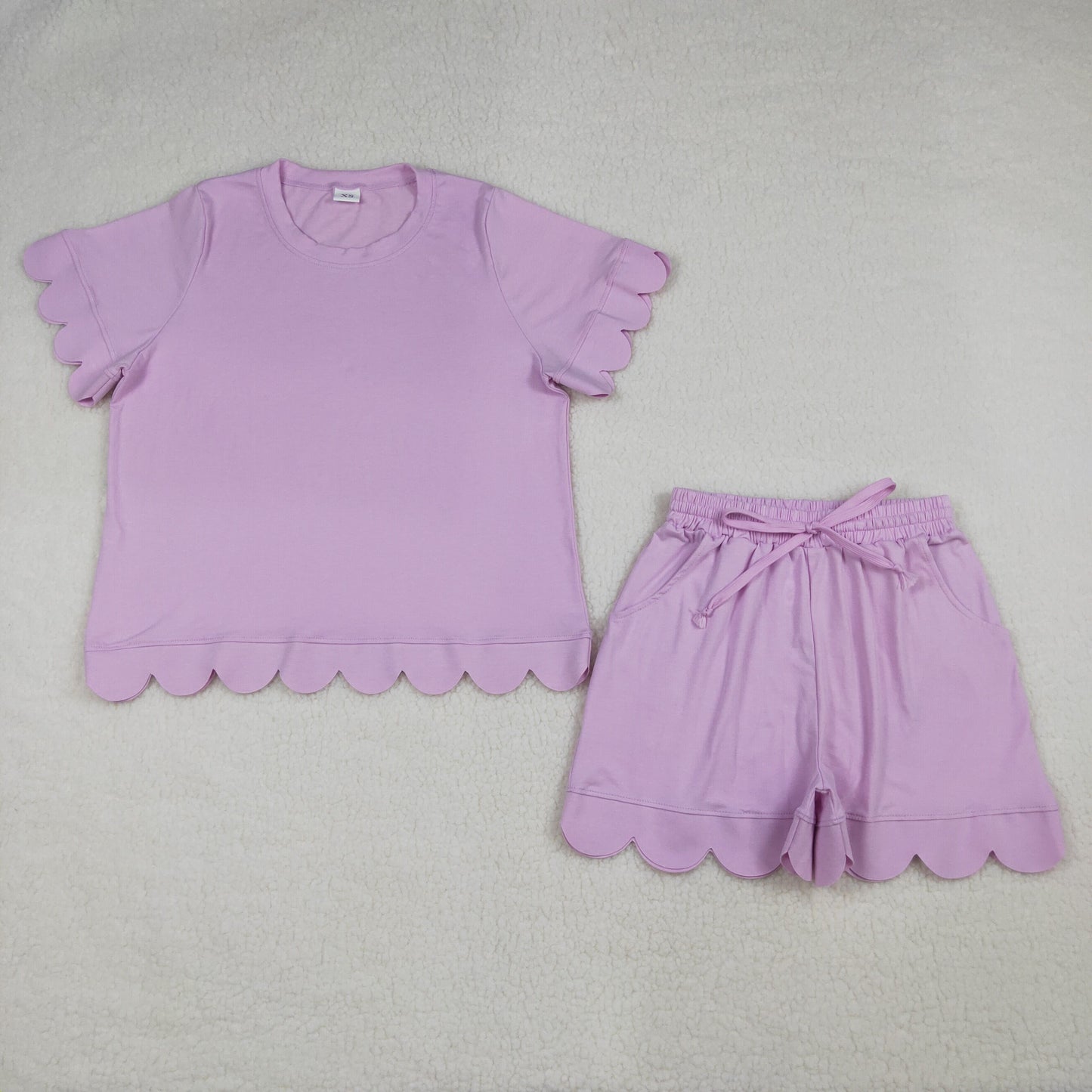 GSSO3201 Adult Female Solid Cotton Pink Purple Ruffle Short Sleeve Shorts Sets 202603 RTS