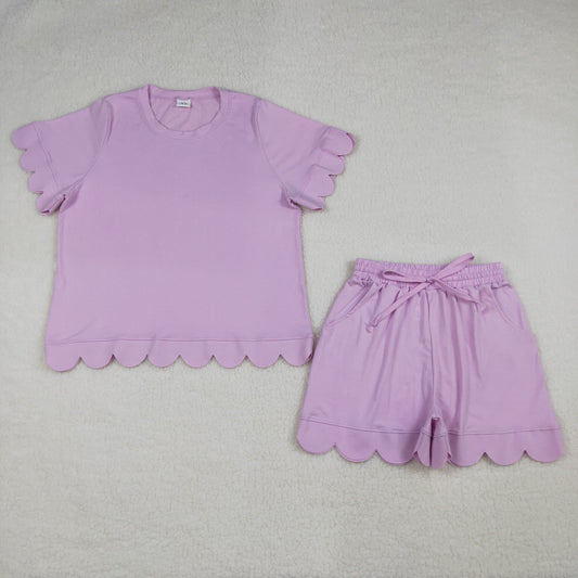 GSSO3201 Adult Female Solid Cotton Pink Purple Ruffle Short Sleeve Shorts Sets 202603 RTS