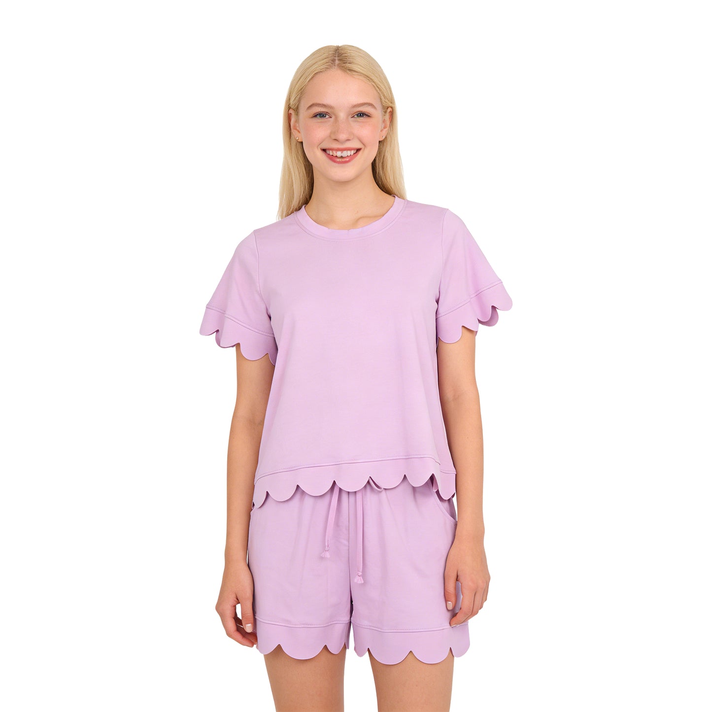 GSSO3201 Adult Female Solid Cotton Pink Purple Ruffle Short Sleeve Shorts Sets 202603 RTS